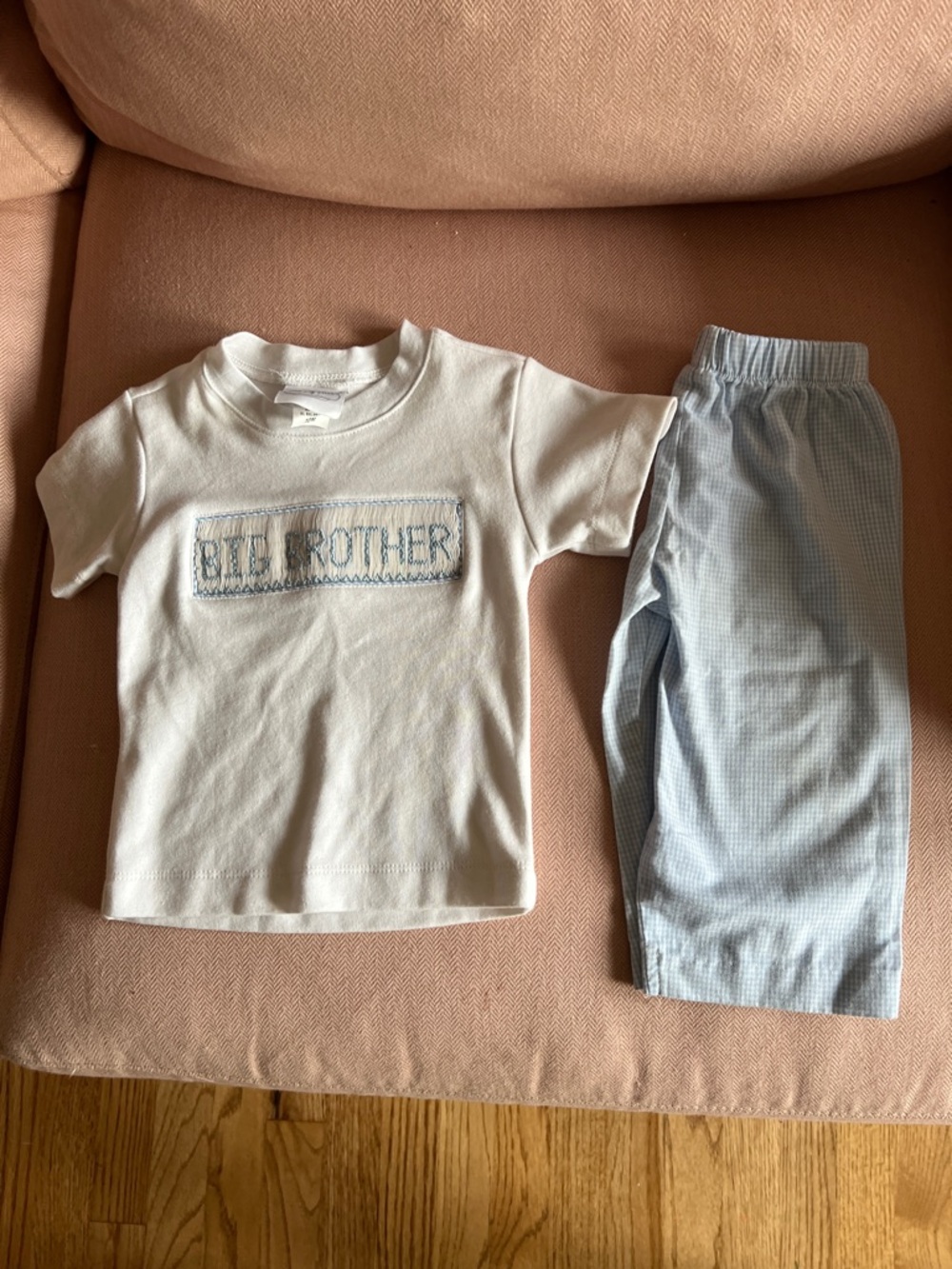 Big brother 12 mos smocked White Tee & Light Blue Gingham Pants Set - Picture 6 of 6
